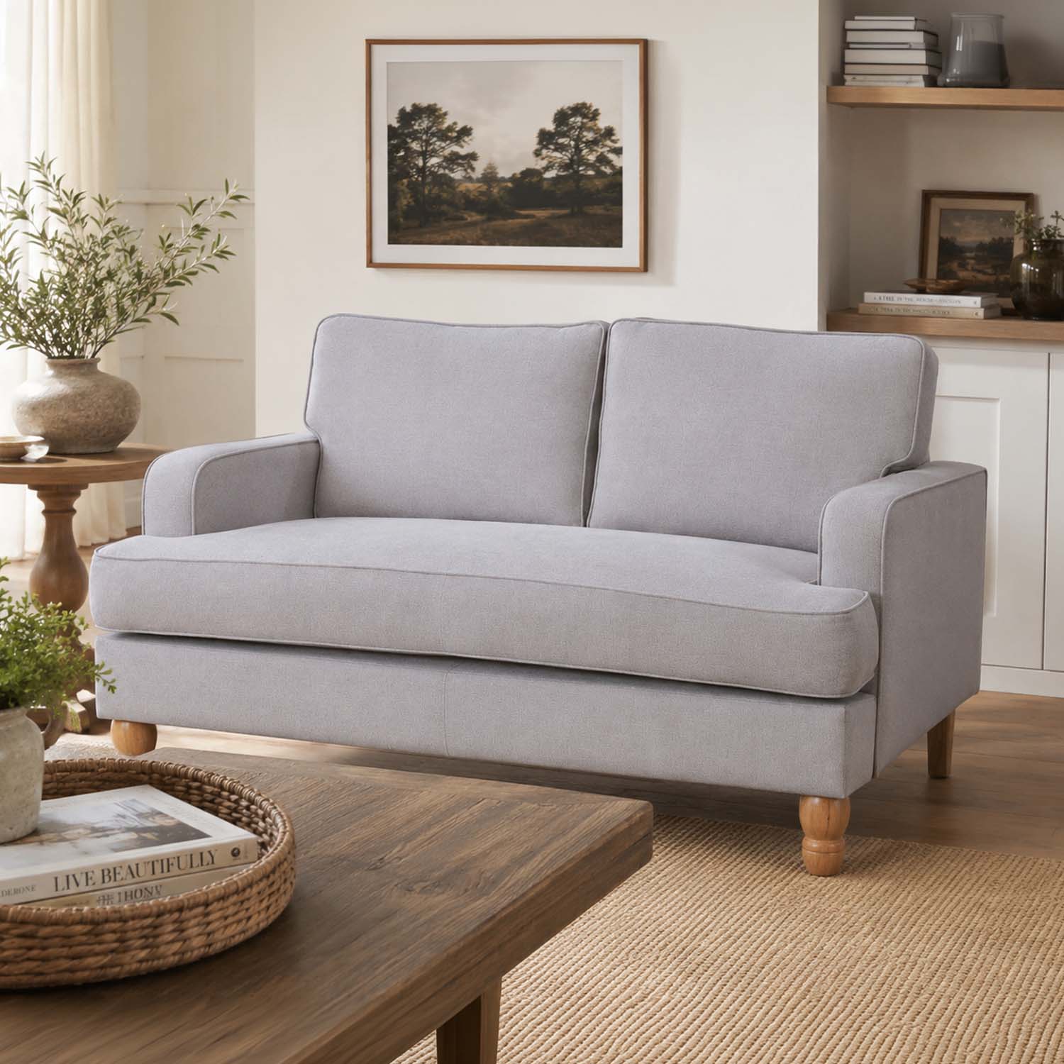 A timeless natural two-seater sofa with clean lines, generously cushioned seating and natural timber legs is styled in a warm, contemporary living room for a relaxed and inviting look.