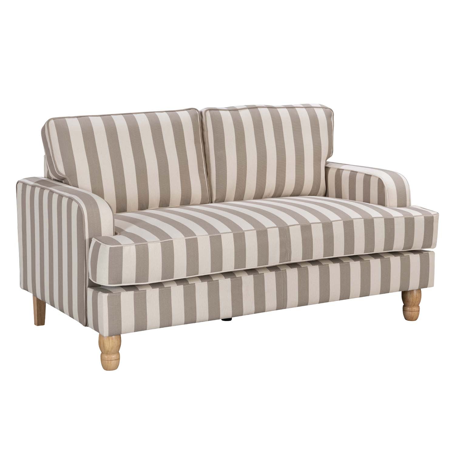 A two-seater loveseat sofa with beige and off-white vertical stripes, featuring light wood legs, shown against a plain white background.