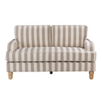 A two-seater loveseat sofa with beige and off-white vertical stripes, featuring rolled arms, wooden legs, and a matching upholstered base, shown against a plain white background.