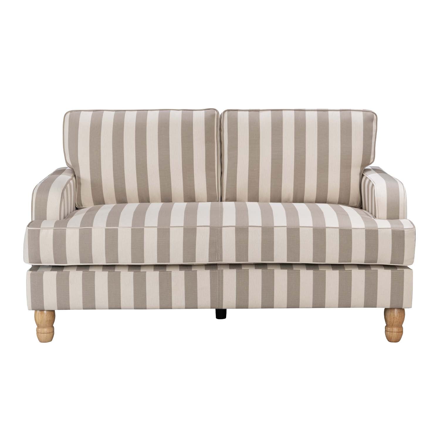 A two-seater loveseat sofa with beige and off-white vertical stripes, featuring rolled arms, wooden legs, and a matching upholstered base, shown against a plain white background.