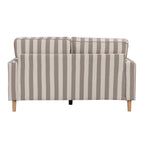A two-seater sofa viewed from the back, upholstered in vertical taupe and cream stripes with light natural wood legs, isolated on a white background.