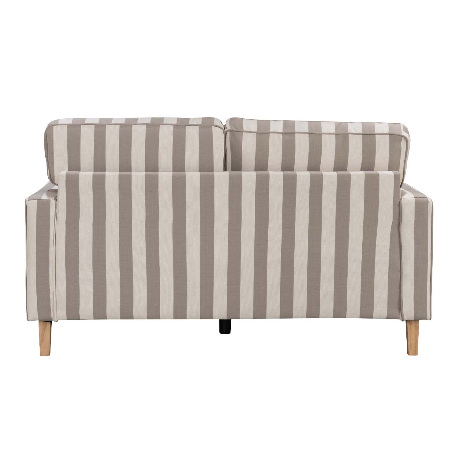 A two-seater sofa viewed from the back, upholstered in vertical taupe and cream stripes with light natural wood legs, isolated on a white background.