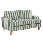 A two-seater loveseat sofa upholstered in a green and off-white vertical stripe pattern, featuring light natural wood legs, shown against a plain white background.