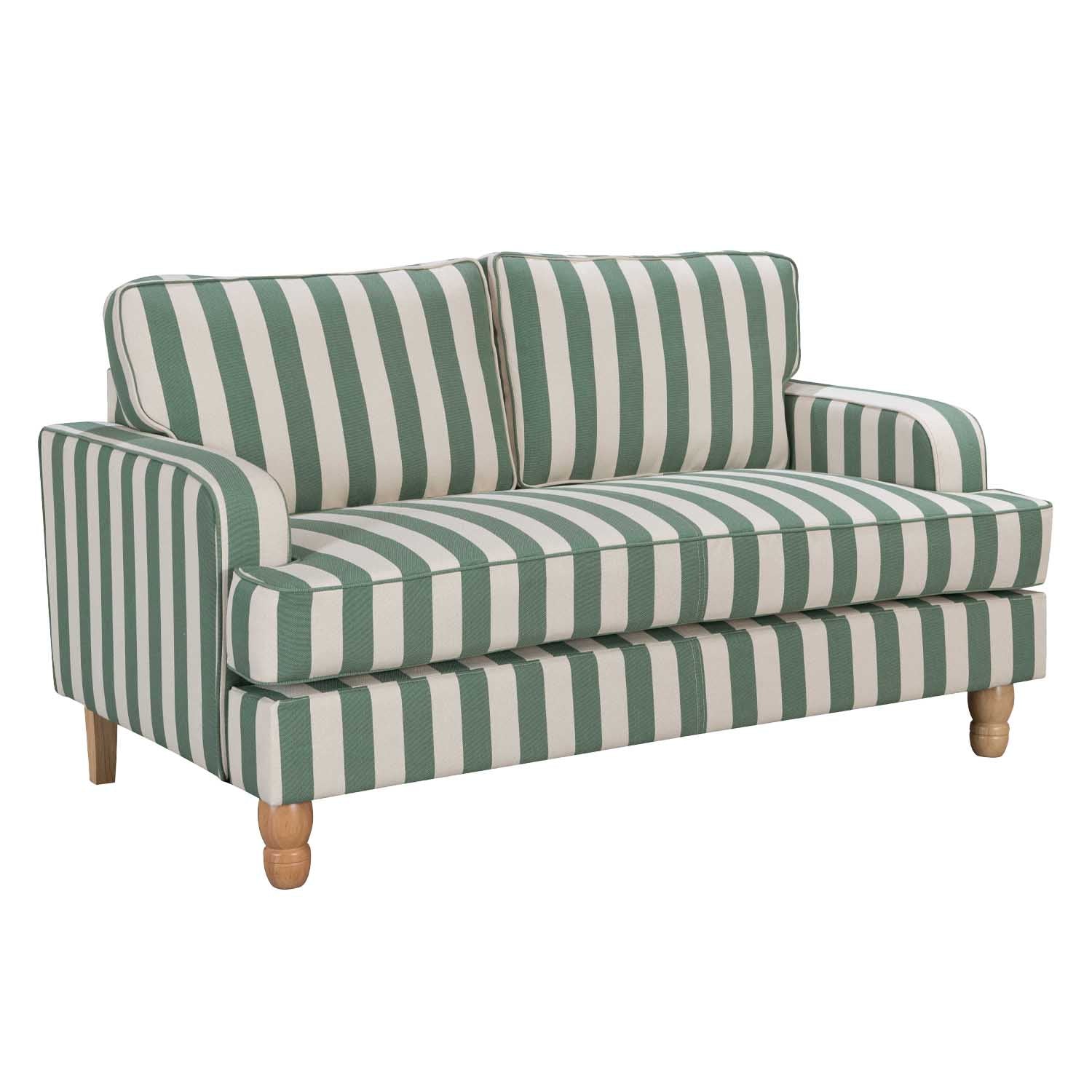 A two-seater loveseat sofa upholstered in a green and off-white vertical stripe pattern, featuring light natural wood legs, shown against a plain white background.