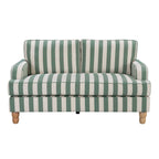 A two-seater loveseat sofa with a green and off-white striped fabric upholstery, featuring turned wooden legs, shown against a plain white background.