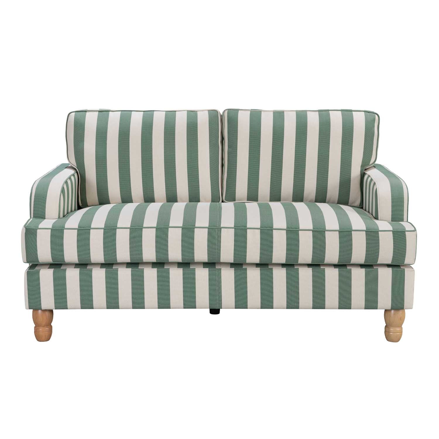 A two-seater loveseat sofa with a green and off-white striped fabric upholstery, featuring turned wooden legs, shown against a plain white background.