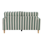 A two-seater sofa viewed from the back, upholstered in vertical stripes of sage green and off-white, with light natural wood legs.