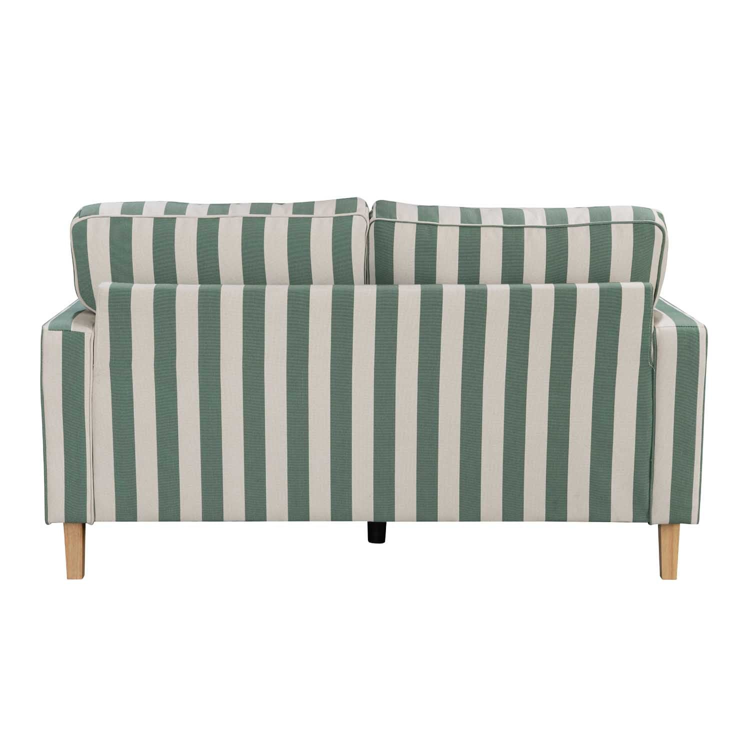 A two-seater sofa viewed from the back, upholstered in vertical stripes of sage green and off-white, with light natural wood legs.