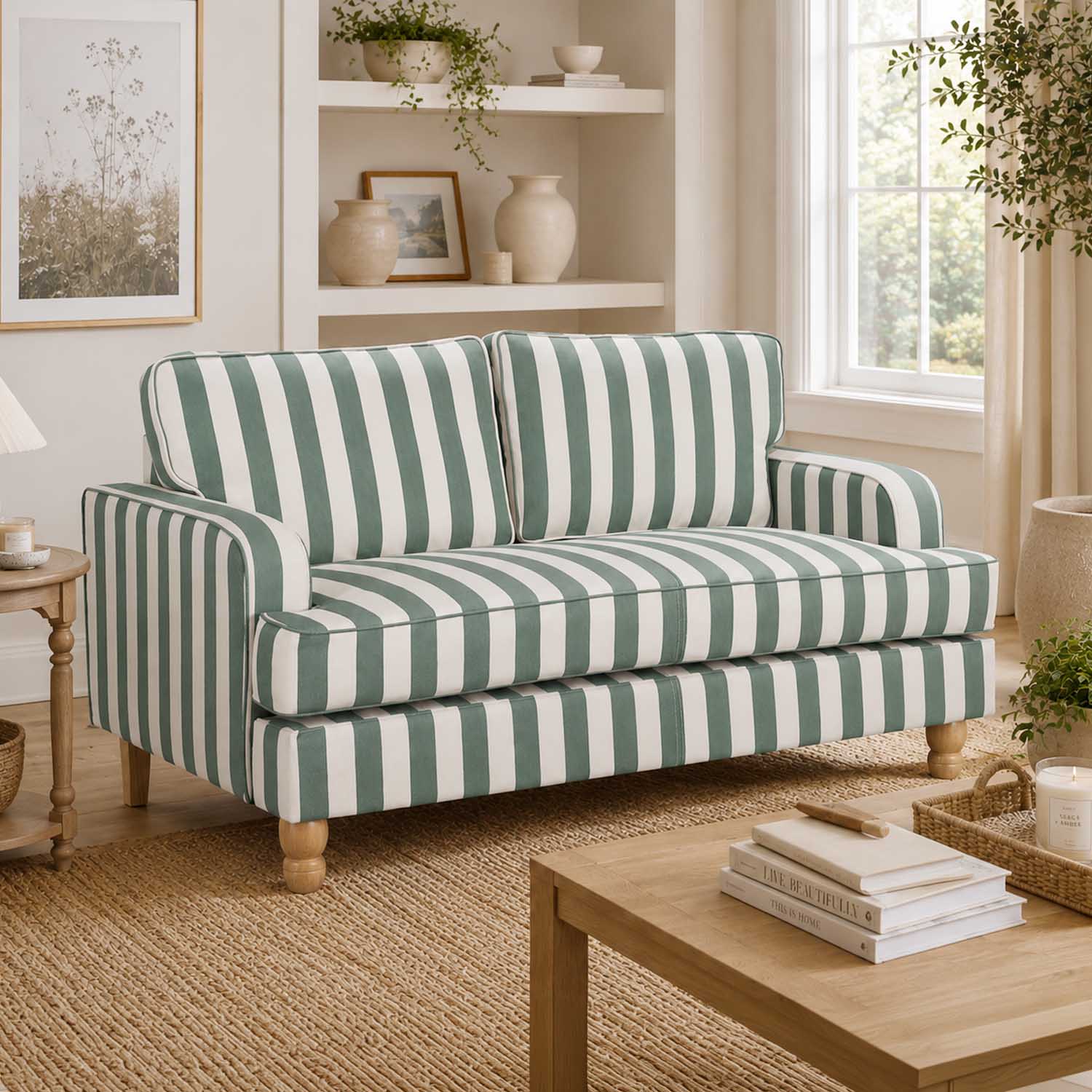 A two-seater loveseat sofa with green and white vertical stripes, styled in a bright, neutral-toned living room with a wooden coffee table, woven rug, and shelving.