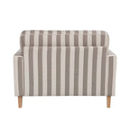 A generously sized striped armchair in soft neutral tones combines timeless style, plush comfort and natural wood legs to suit a range of classic and contemporary interiors.