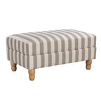A classic striped ottoman in soft neutral tones combines timeless style, plush comfort and natural wood legs, making it a versatile addition to any living space as a footrest, extra seating or a coffee table alternative.