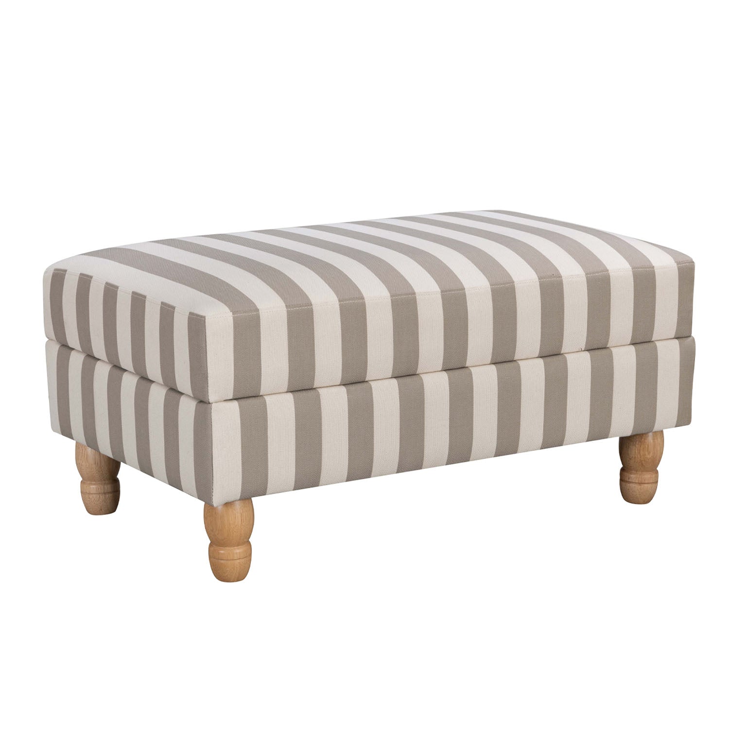 A classic striped ottoman in soft neutral tones combines timeless style, plush comfort and natural wood legs, making it a versatile addition to any living space as a footrest, extra seating or a coffee table alternative.