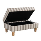 A classic striped ottoman features a lift-up lid that reveals spacious hidden storage, combining timeless style with practical functionality for any living space.