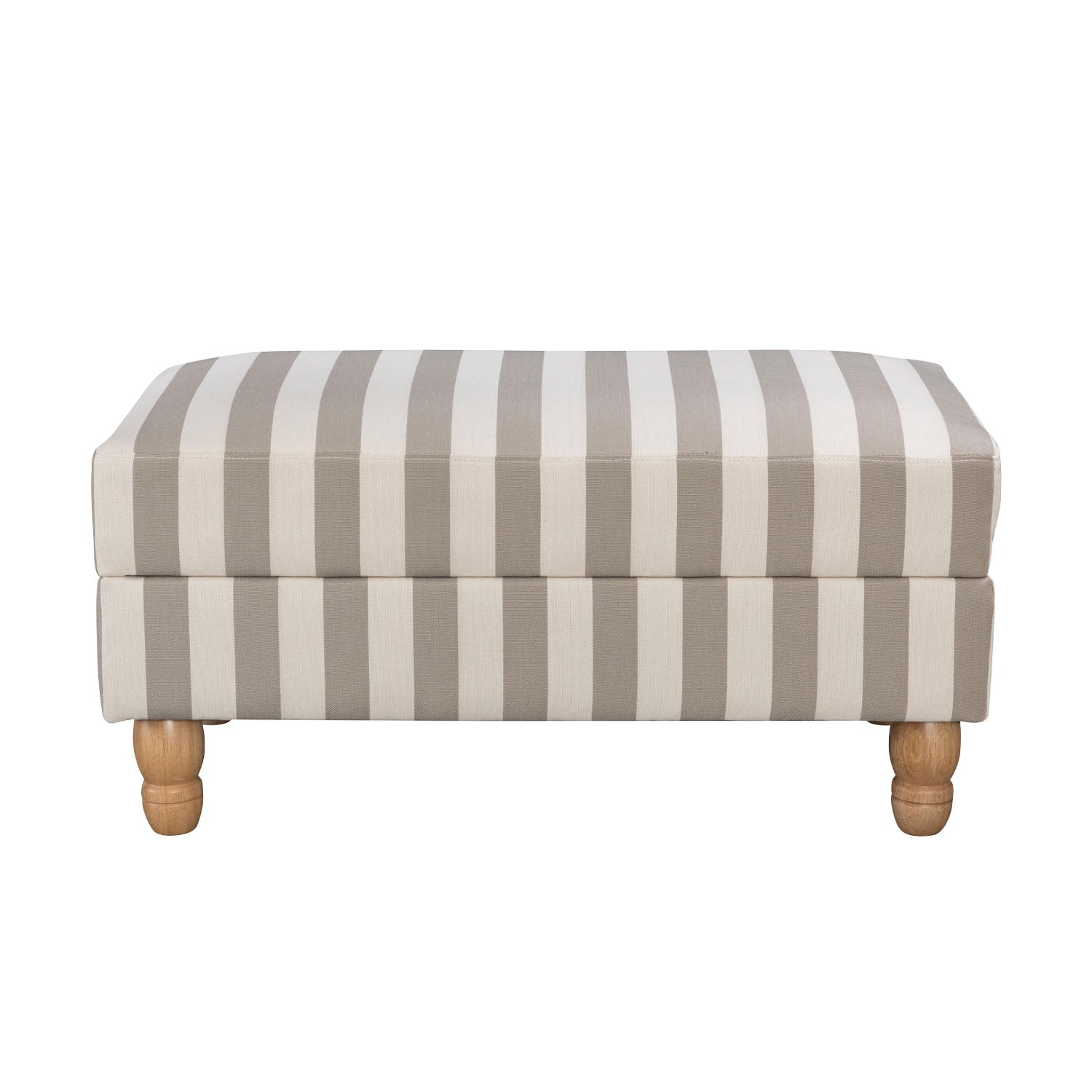 A classic striped ottoman in soft neutral tones combines timeless style, plush comfort and natural wood legs, making it a versatile addition to any living space as a footrest, extra seating or a coffee table alternative.