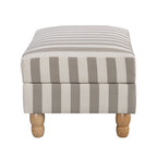 A classic striped ottoman in soft neutral tones combines timeless style, plush comfort and natural wood legs, making it a versatile addition to any living space as a footrest, extra seat or coffee table alternative.