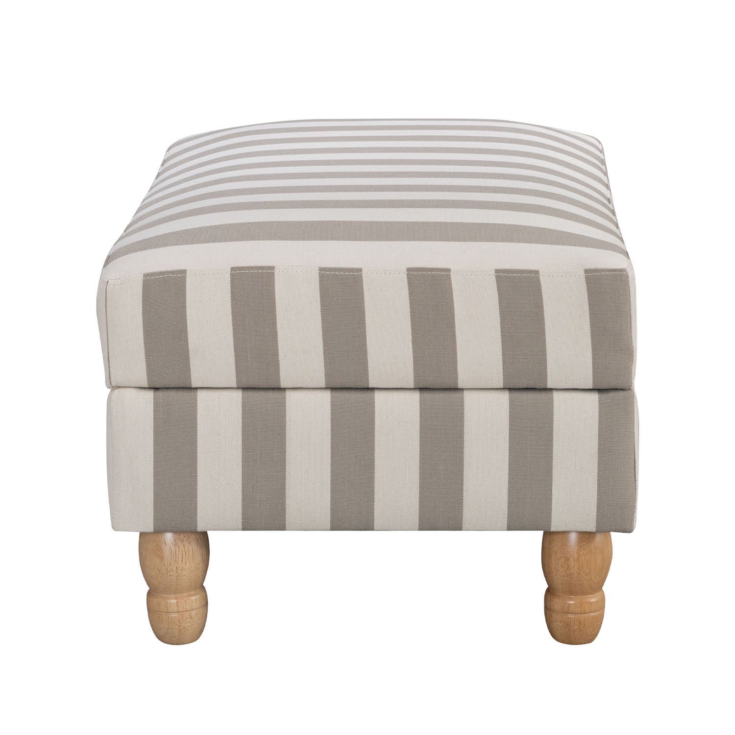 A classic striped ottoman in soft neutral tones combines timeless style, plush comfort and natural wood legs, making it a versatile addition to any living space as a footrest, extra seat or coffee table alternative.