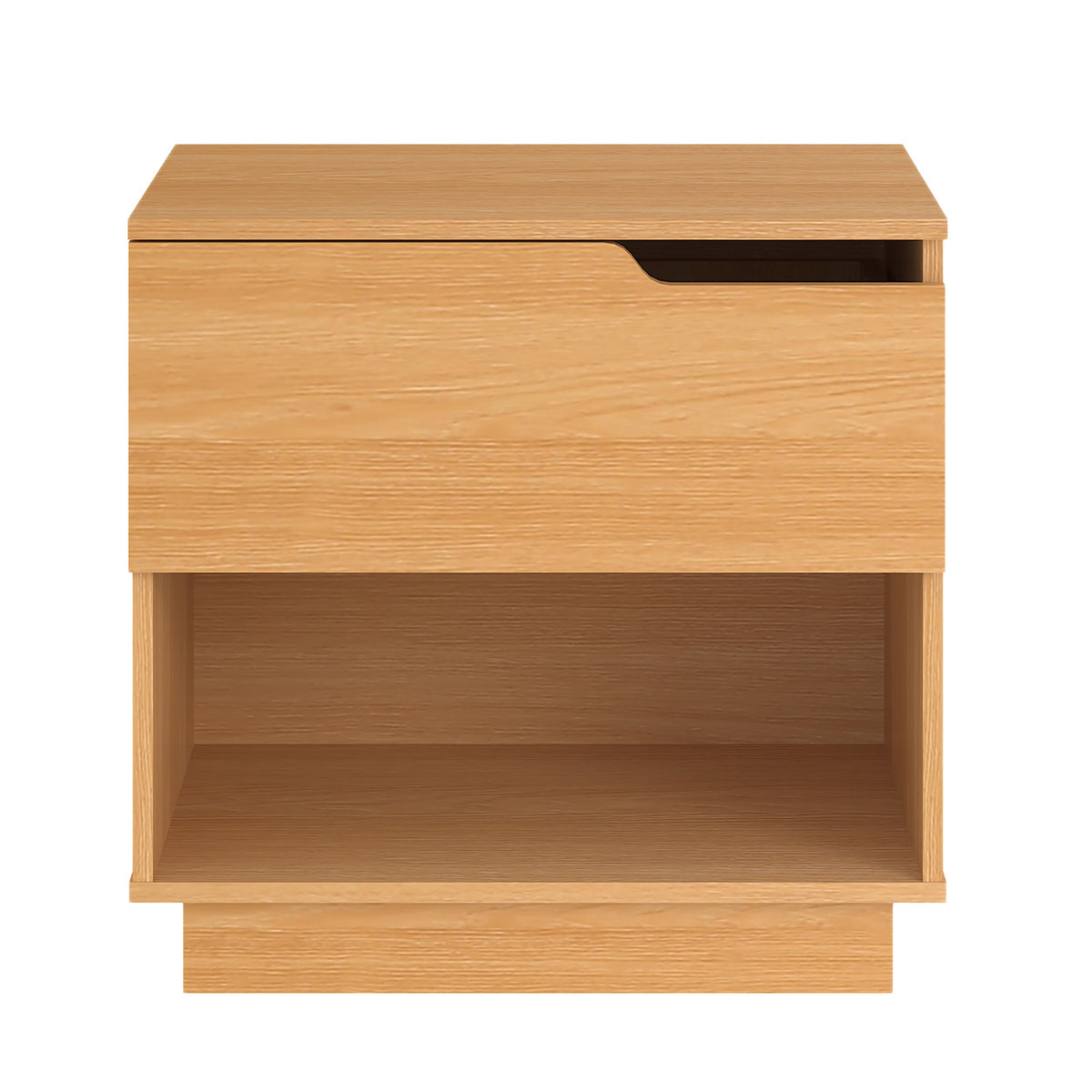 Front view of the Home Co. Davy Bedside Table in Natural, showing the single drawer, cut-out handle, open lower shelf and plinth base.