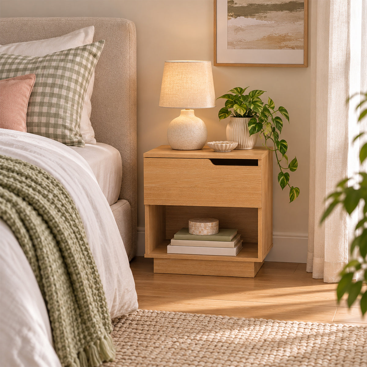 Home Co. Davy Bedside Table in Natural styled beside a bed, featuring a single drawer with an integrated cut-out handle and open lower shelf.