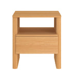 Front view of the Home Co. Element Bedside Table in Natural, showing the open shelf, single drawer and rounded front edges.