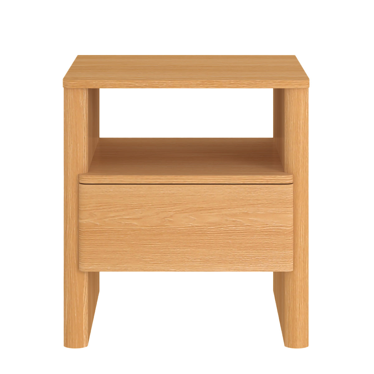 Front view of the Home Co. Element Bedside Table in Natural, showing the open shelf, single drawer and rounded front edges.