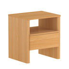 Home Co. Element Bedside Table in Natural shown on a white background, featuring an open upper shelf and single drawer.