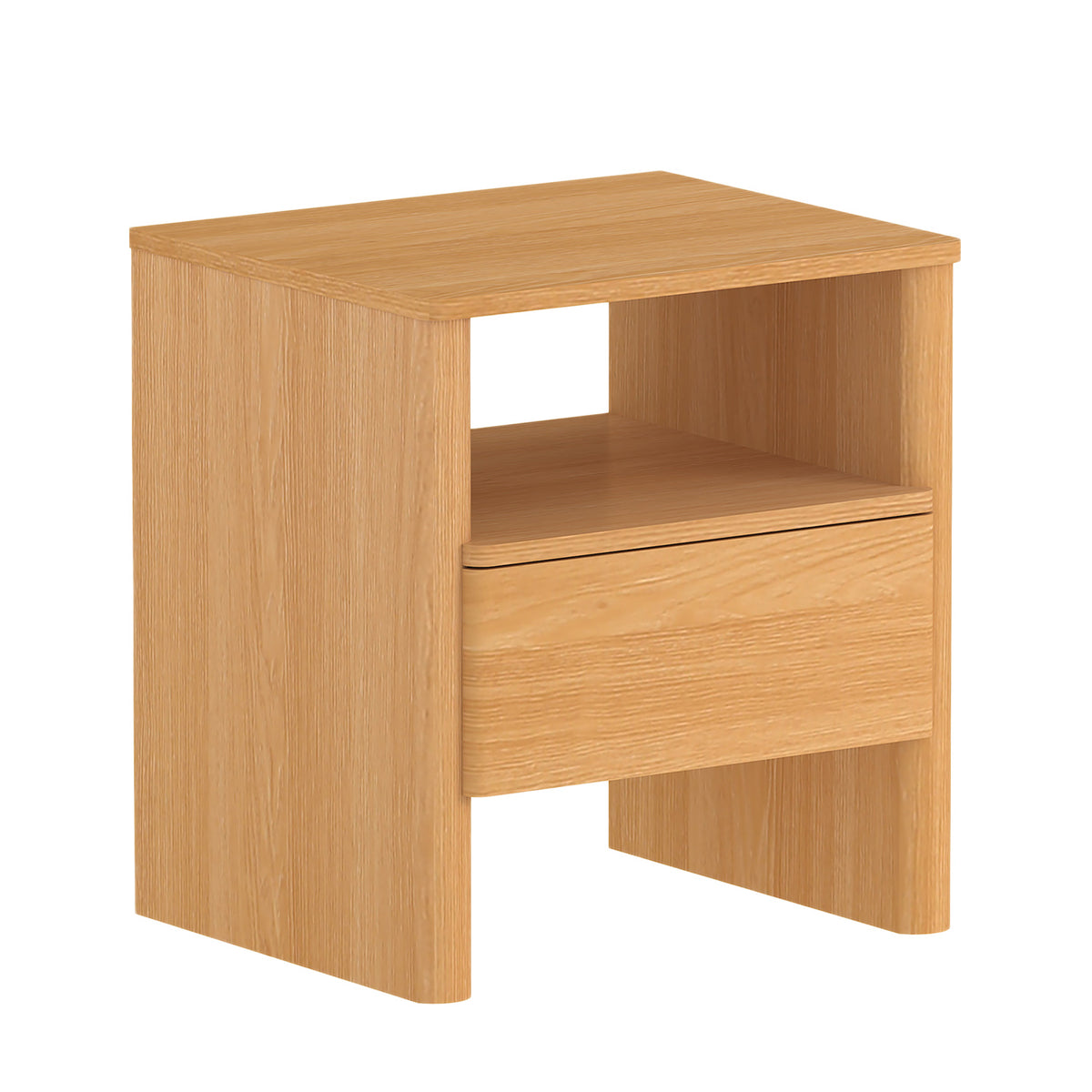 Home Co. Element Bedside Table in Natural shown on a white background, featuring an open upper shelf and single drawer.