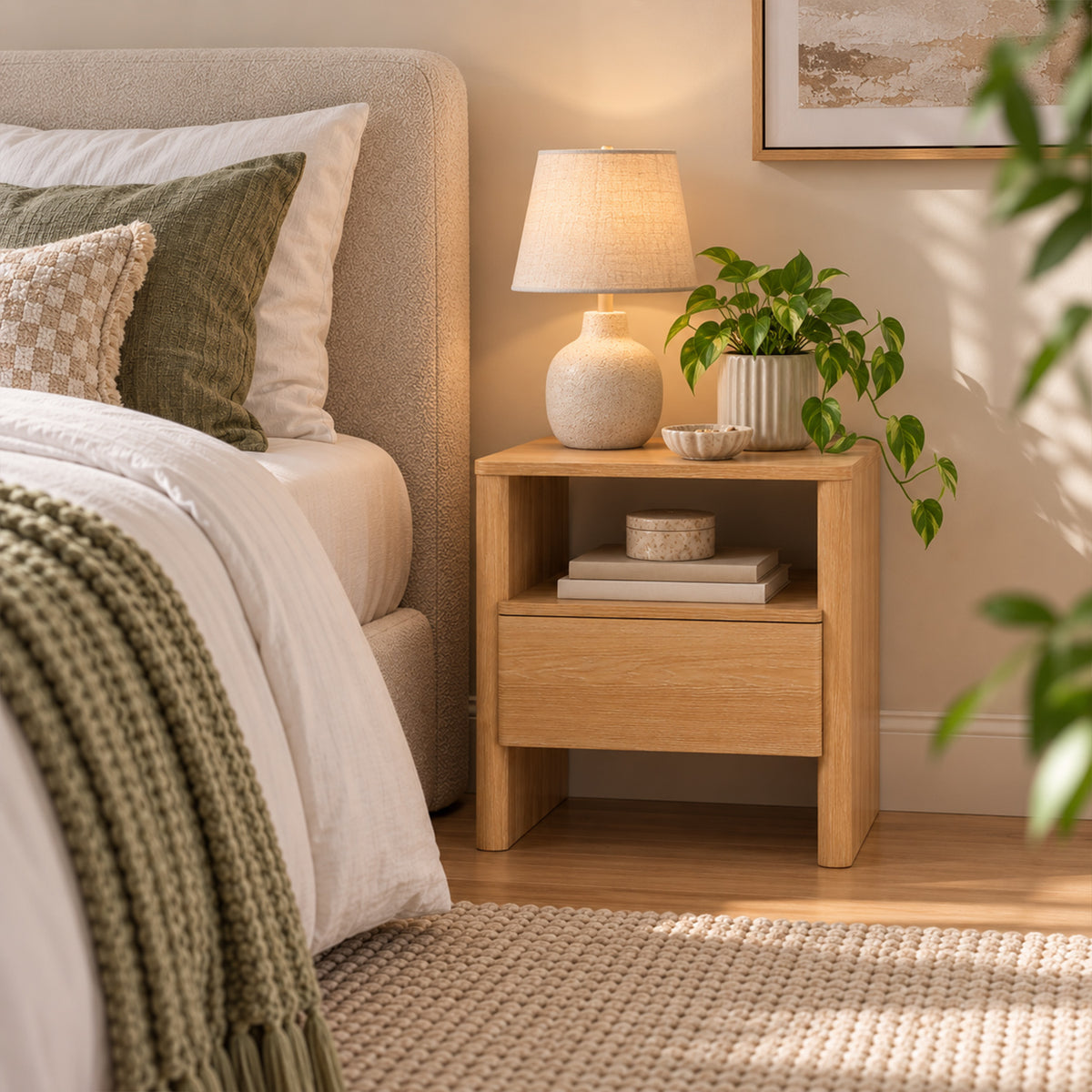 Home Co. Element Bedside Table in Natural styled beside a bed, featuring an open shelf, single drawer and warm wood-look finish.