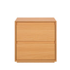 Front view of the Home Co. Olsen Bedside Table in Natural, showing two spacious drawers and a streamlined wood-look finish.