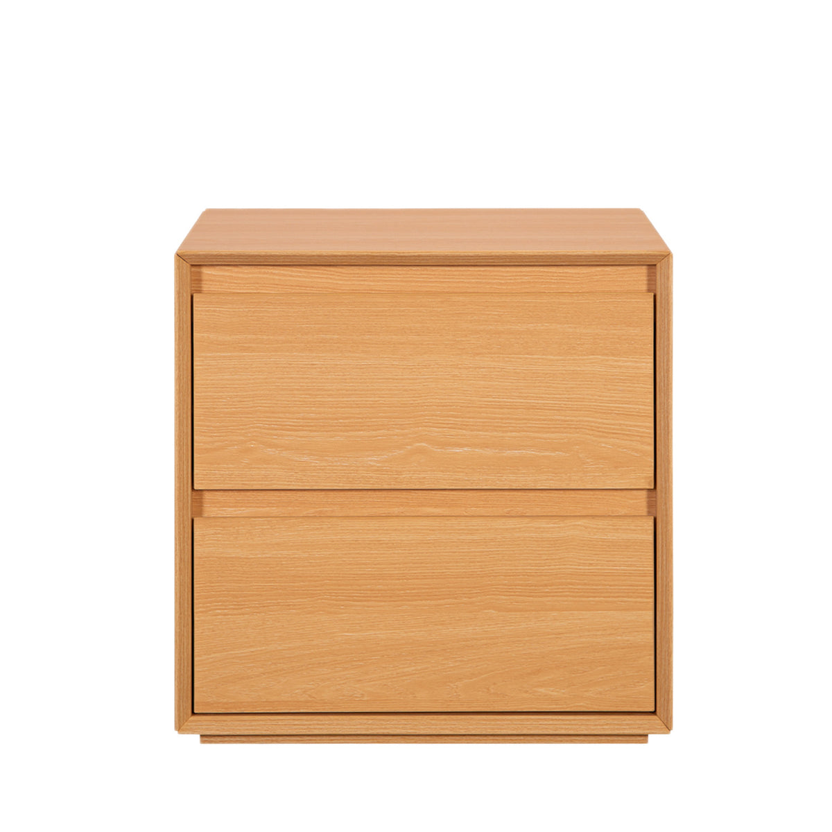 Front view of the Home Co. Olsen Bedside Table in Natural, showing two spacious drawers and a streamlined wood-look finish.
