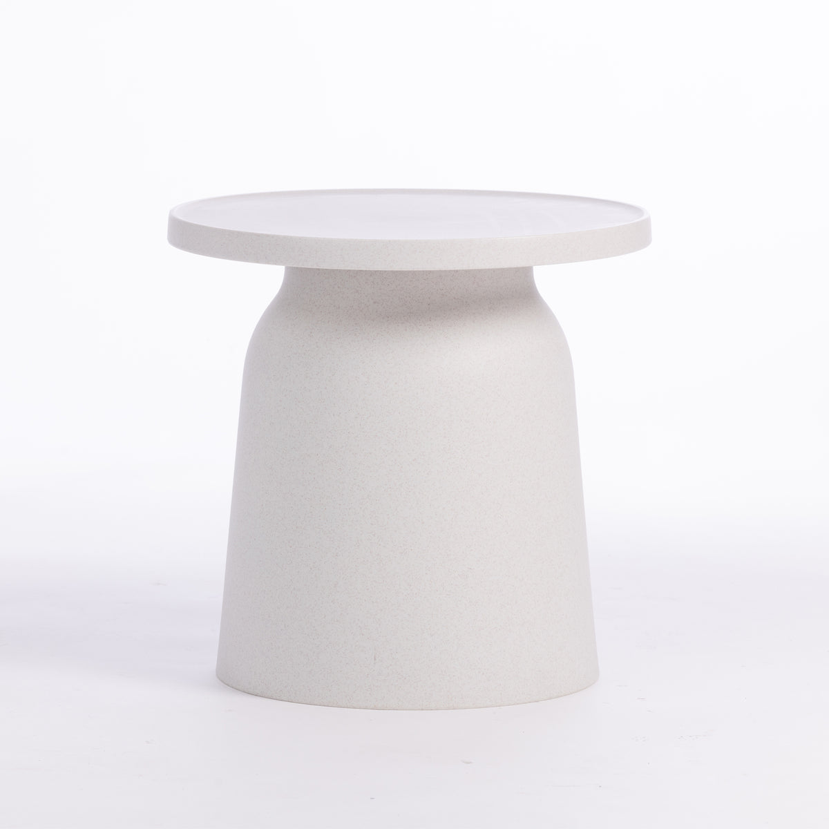 A minimalist, modern side table with a round top and a tapered, flared base, finished in a speckle texture, set against a seamless white background.