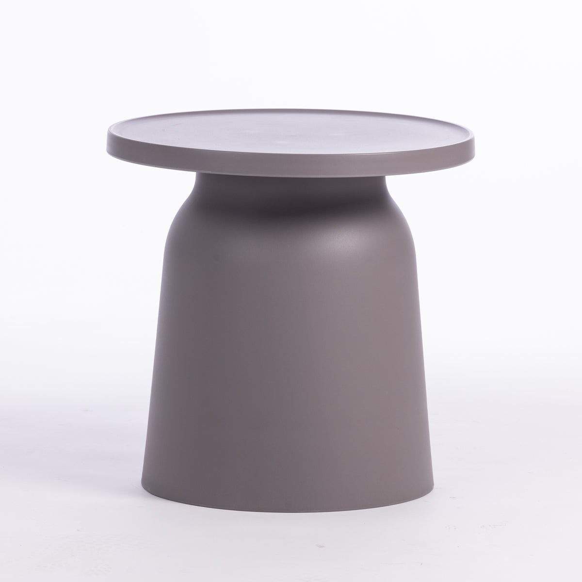 A minimalist, modern side table in a mocha hue, photographed on a seamless white background.