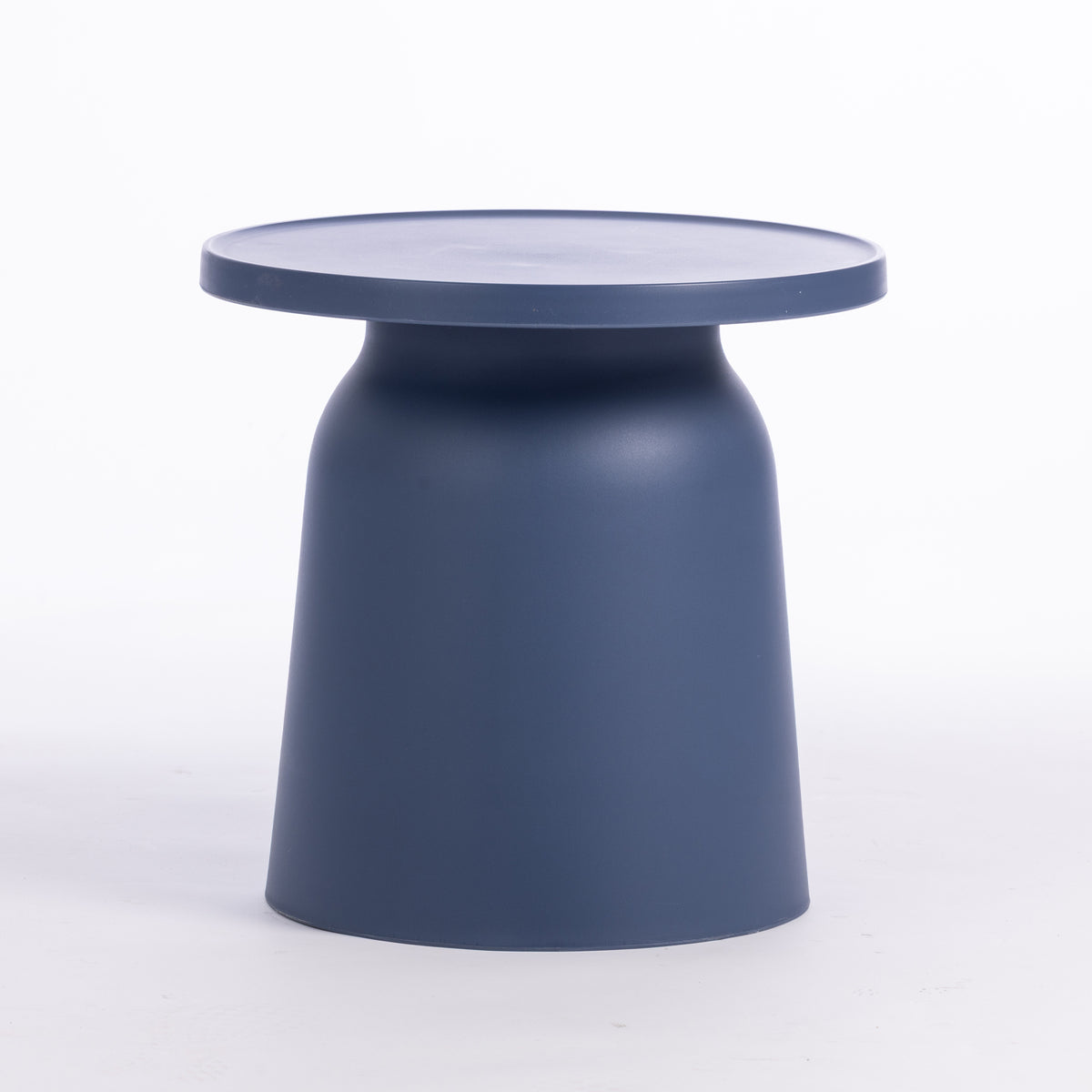 A minimalist, modern side table in a navy hue, photographed on a seamless white background.
