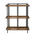 Front view of the Design Plus Rio Low Bookshelf featuring three natural wood-look shelves and a black metal frame.