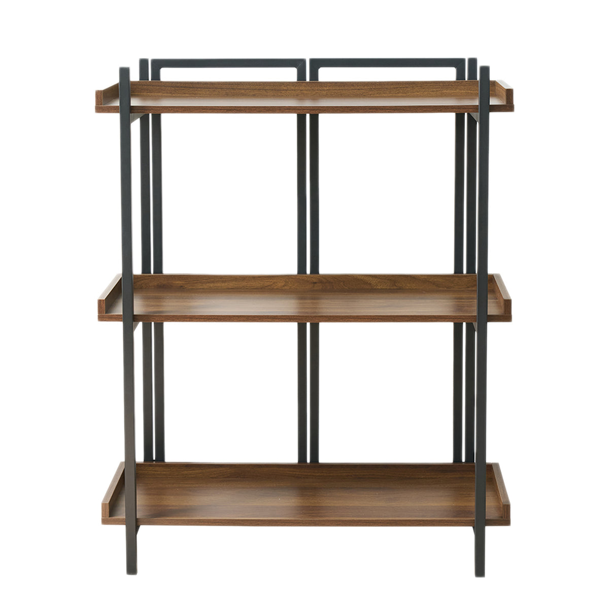 Front view of the Design Plus Rio Low Bookshelf featuring three natural wood-look shelves and a black metal frame.