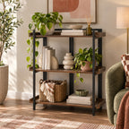 Design Plus Rio Low Bookshelf styled in a warm living room with books, decorative objects, baskets and indoor plants.