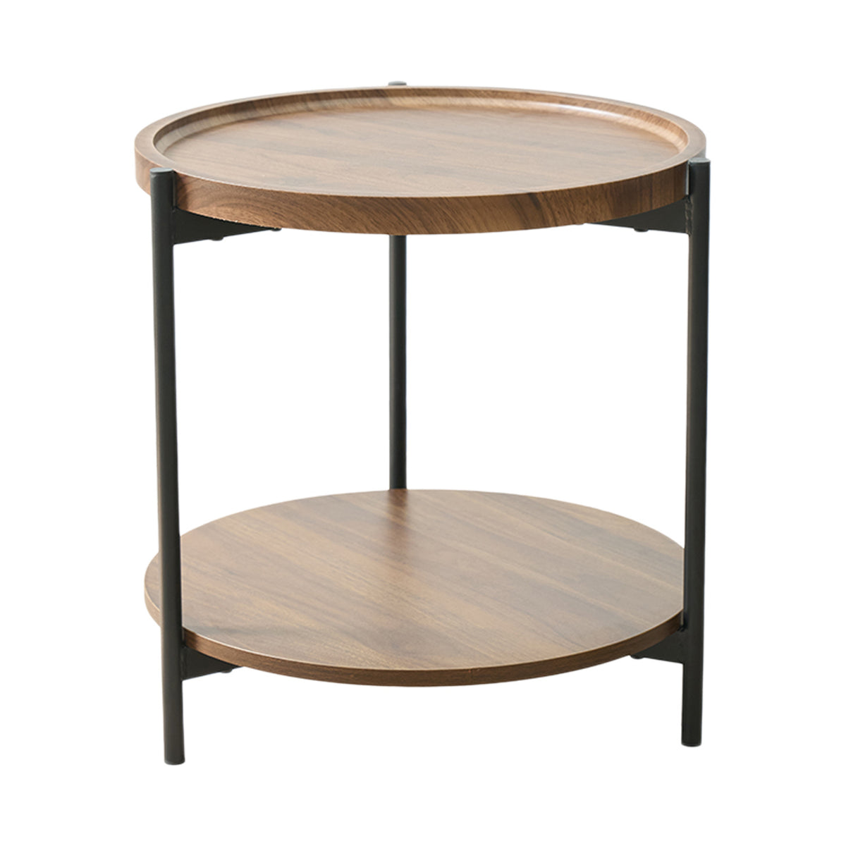 Design Plus Rio Side Table featuring two round natural wood-look shelves with a black metal frame.