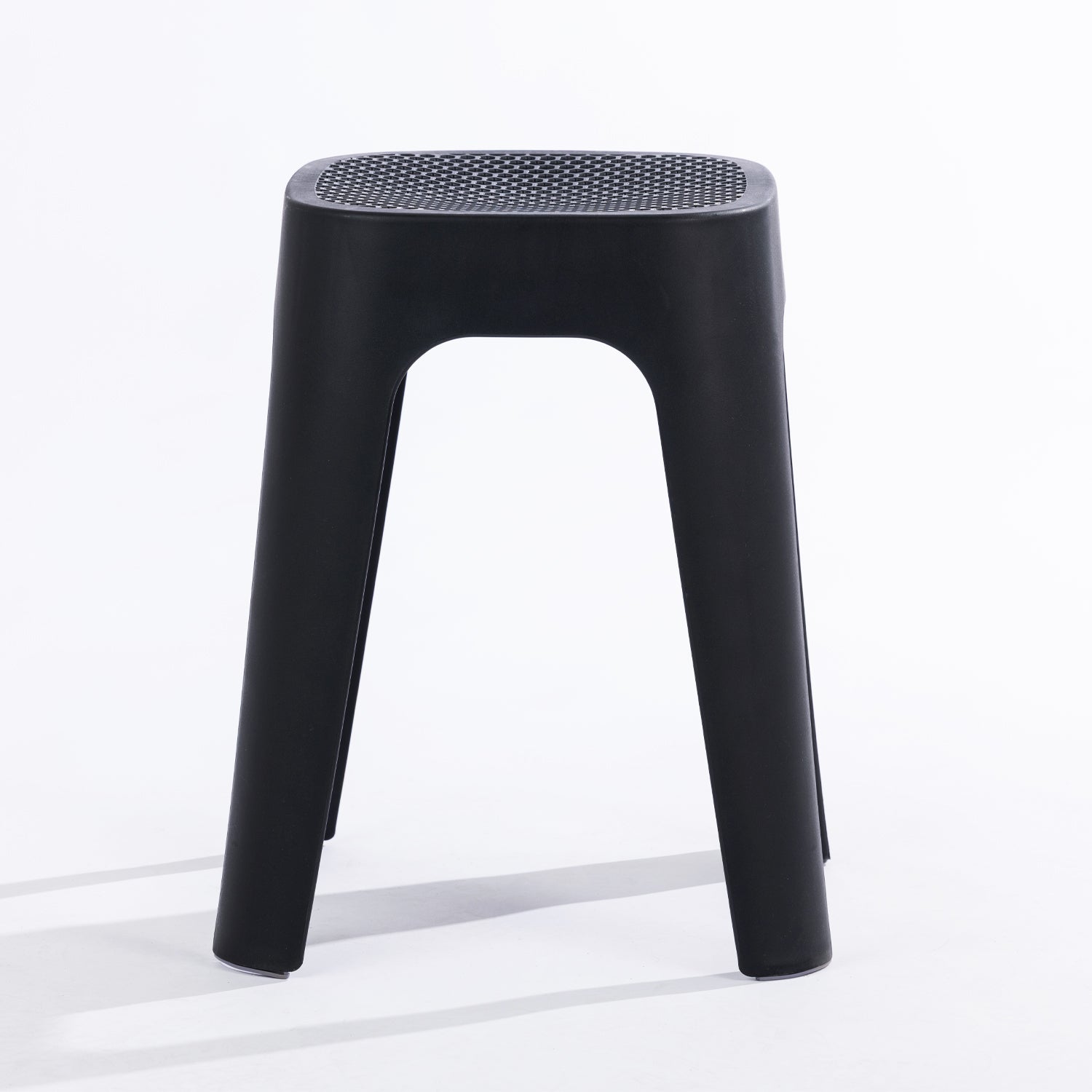 A black stool on a clean white studio background.