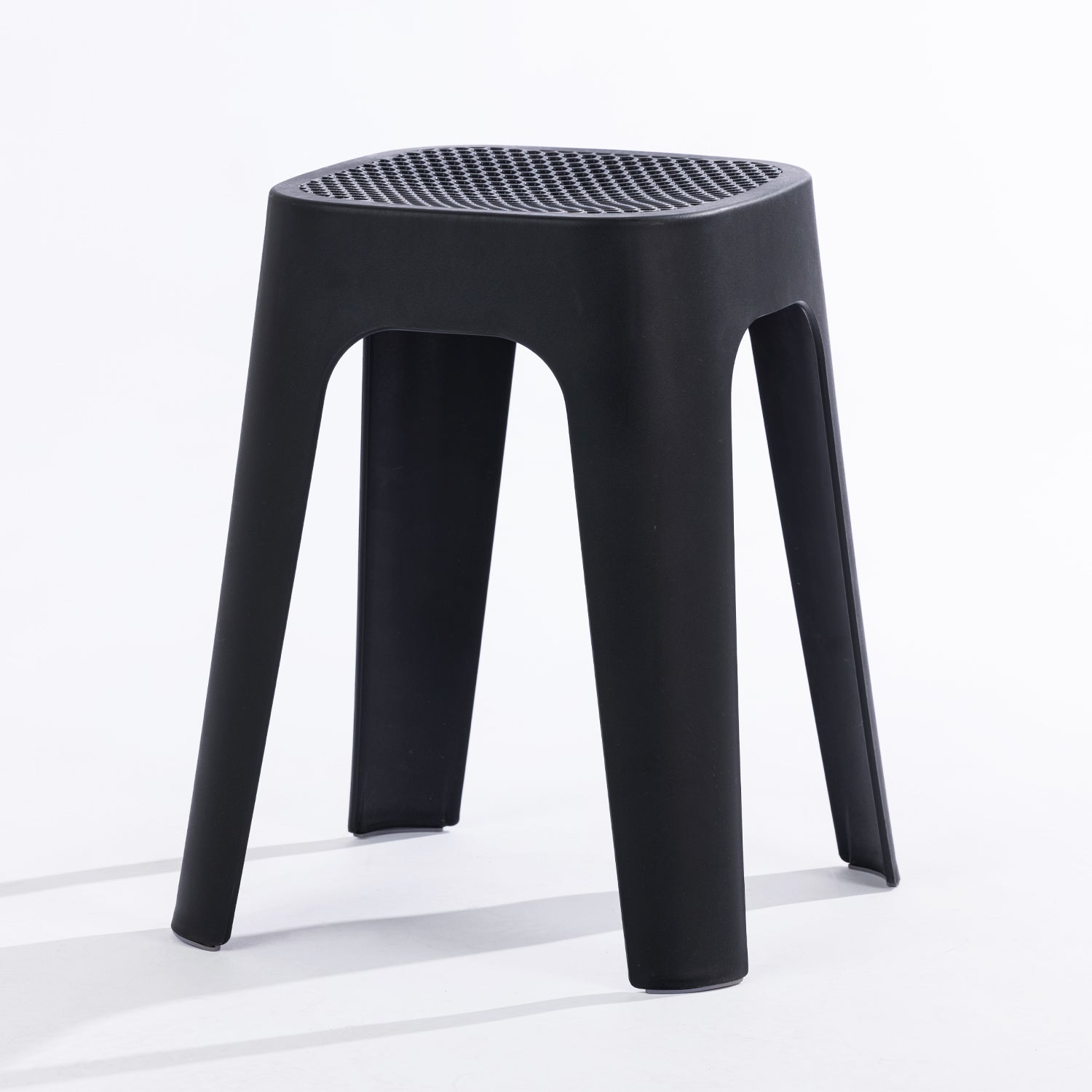 A black stool on a clean white studio background.