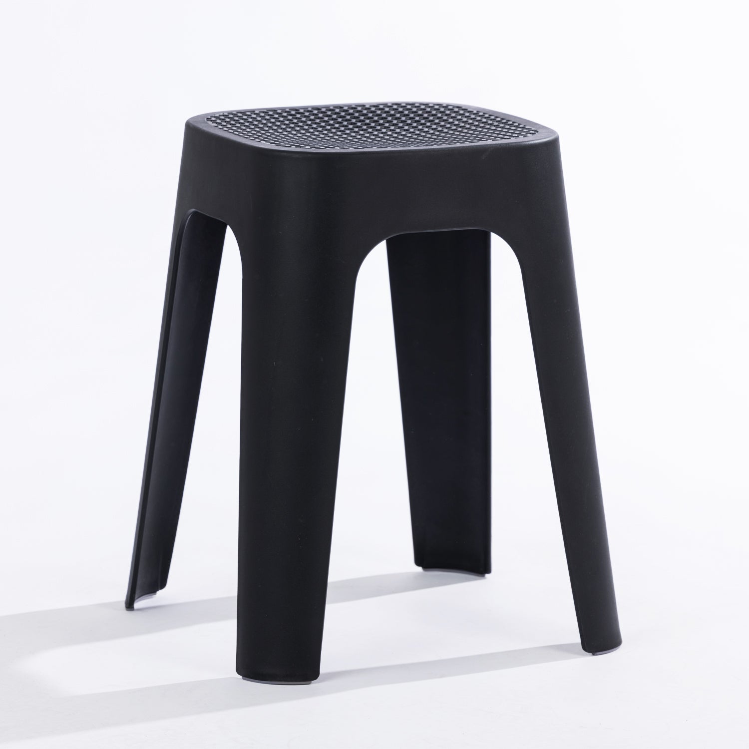 A black stool on a clean white studio background.