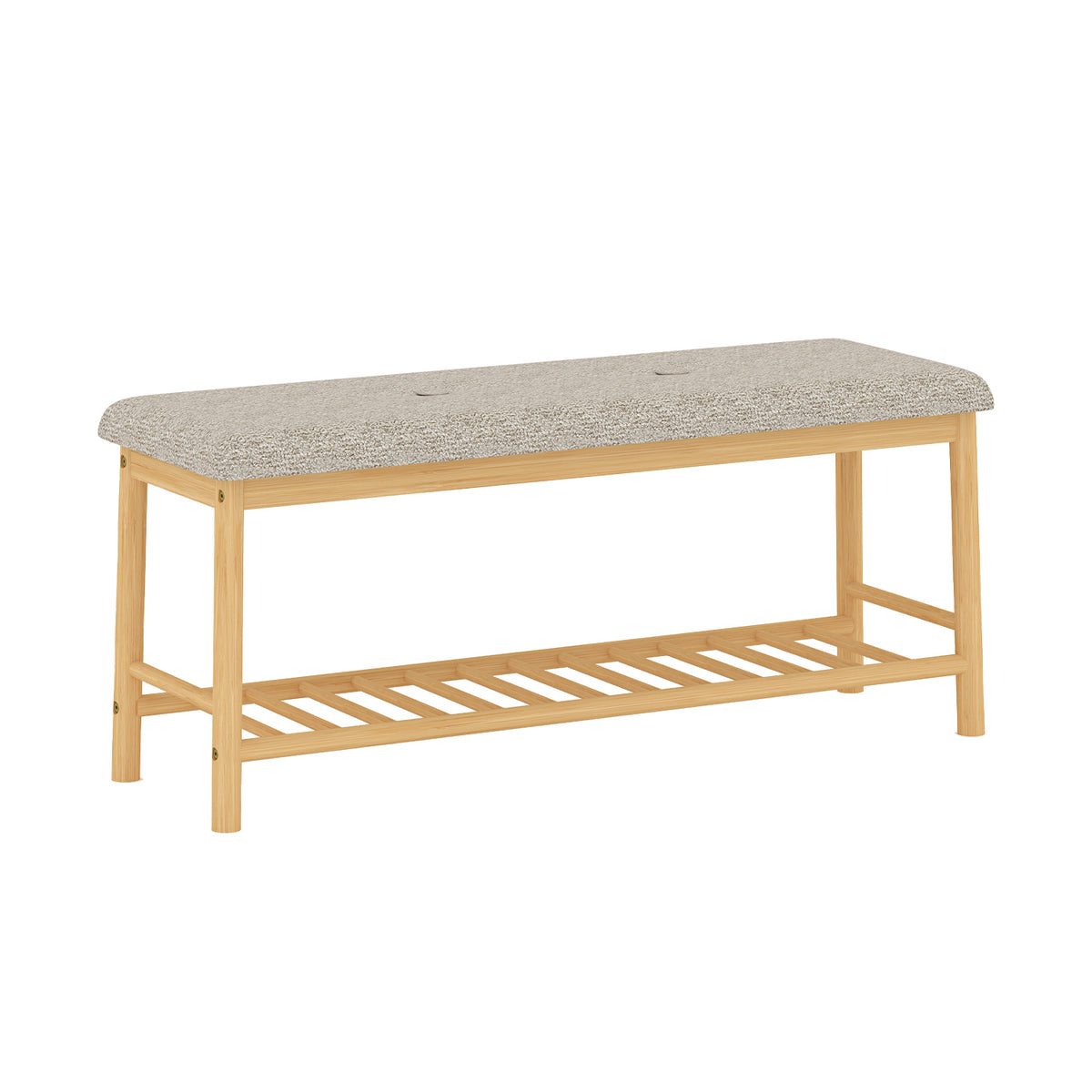A wooden bench with a light natural wood frame, a cushioned seat, and an open lower shelf, shown on a plain white background.