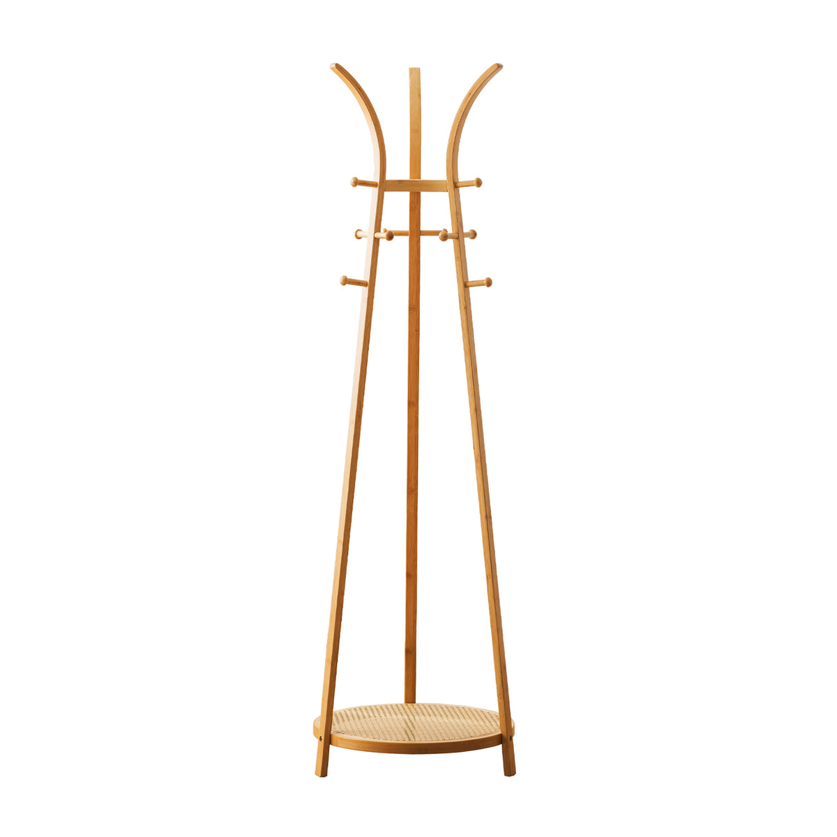 A light natural wood coat rack with a curved top, multiple horizontal pegs, and a round base, shown on a plain white background.