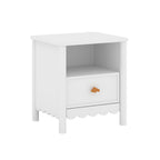 A white wooden nightstand with an open top shelf, a front drawer, and scalloped trim along the bottom front edge. It features a small, decorative cloud-shaped knob on the drawer.