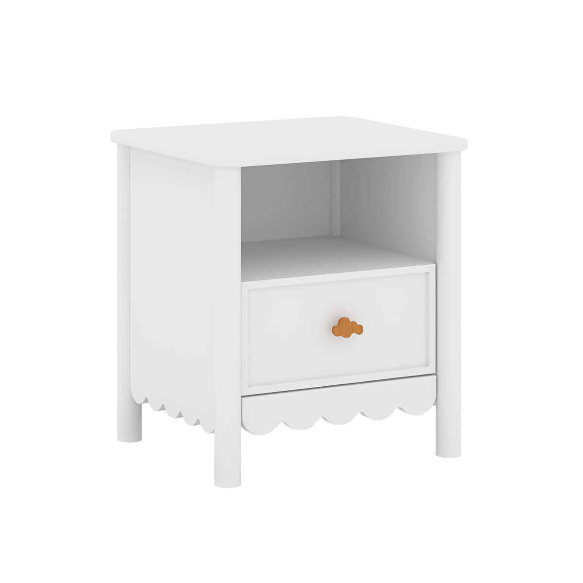 A white wooden nightstand with an open top shelf, a front drawer, and scalloped trim along the bottom front edge. It features a small, decorative cloud-shaped knob on the drawer.