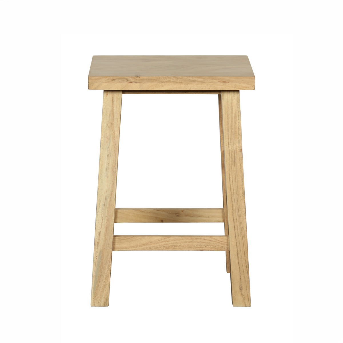 A light natural wood stool with a square seat, four legs, and a front support rail, shown against a plain white background.