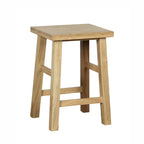 A square wooden stool with a natural finish, featuring a thick seat and four angled legs connected by two horizontal stretchers, shown on a plain white background.