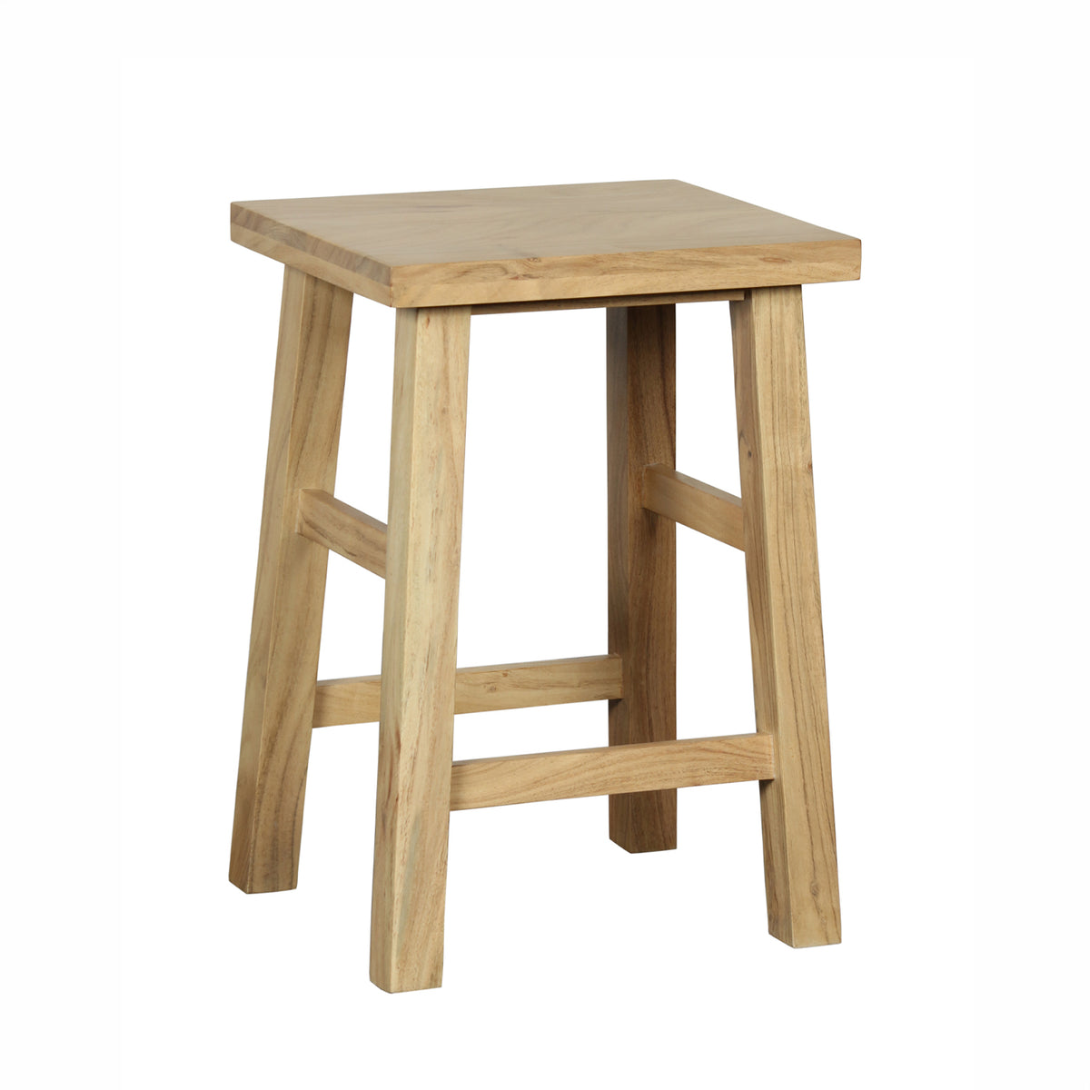 A square wooden stool with a natural finish, featuring a thick seat and four angled legs connected by two horizontal stretchers, shown on a plain white background.