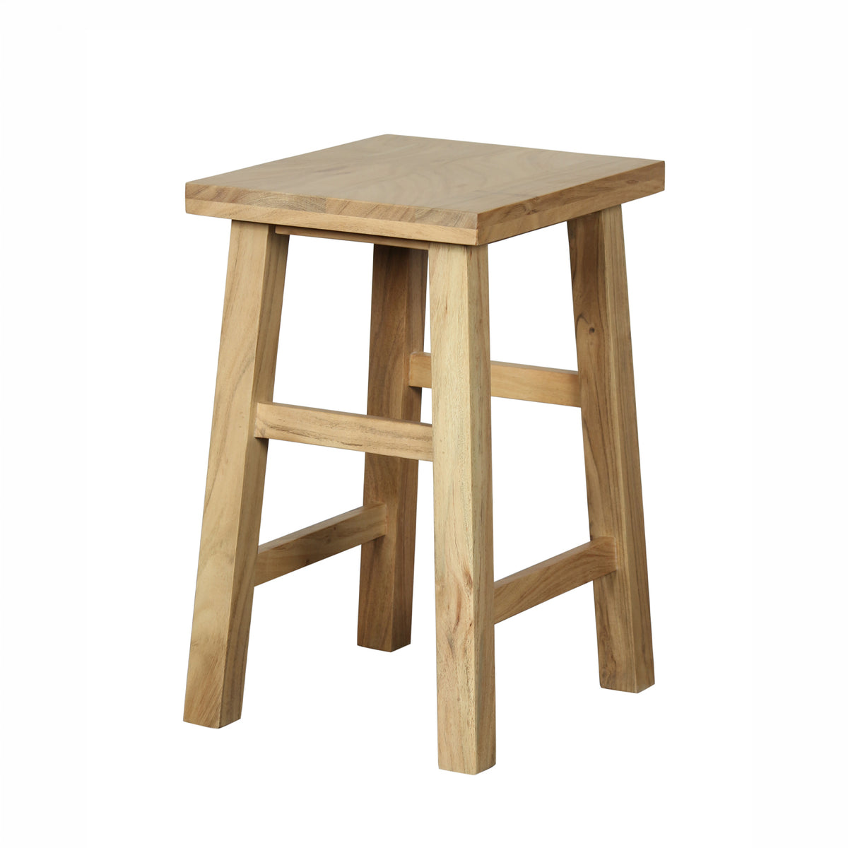 A light natural wood stool with a square seat and four legs, featuring a front support bar, shown on a plain white background.