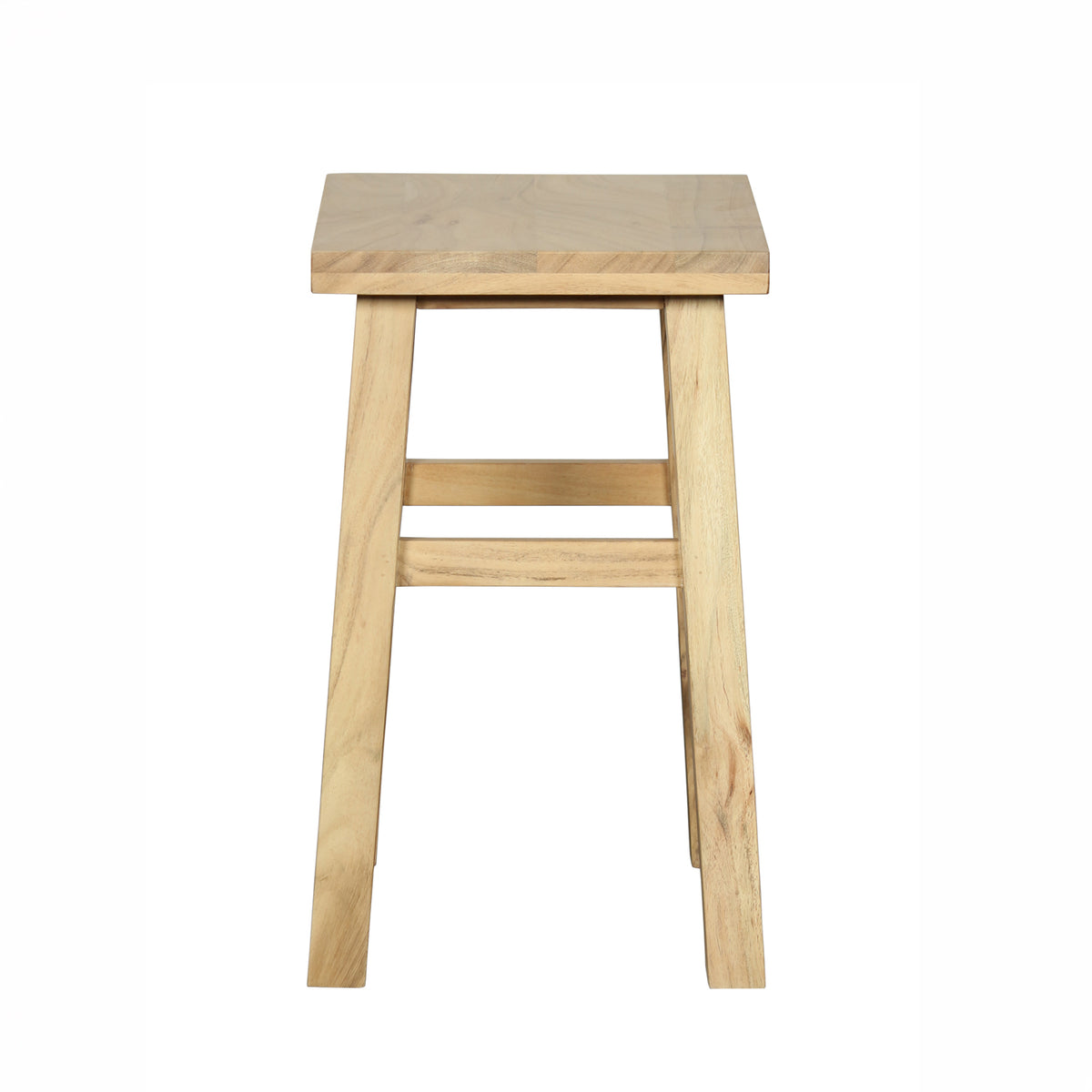 A light natural wood stool with a square seat, four angled legs, and two horizontal support rails, shown against a plain white background.