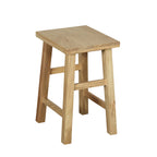 A light natural wood stool with a square seat and four legs, featuring horizontal support beams, shown on a plain white background.