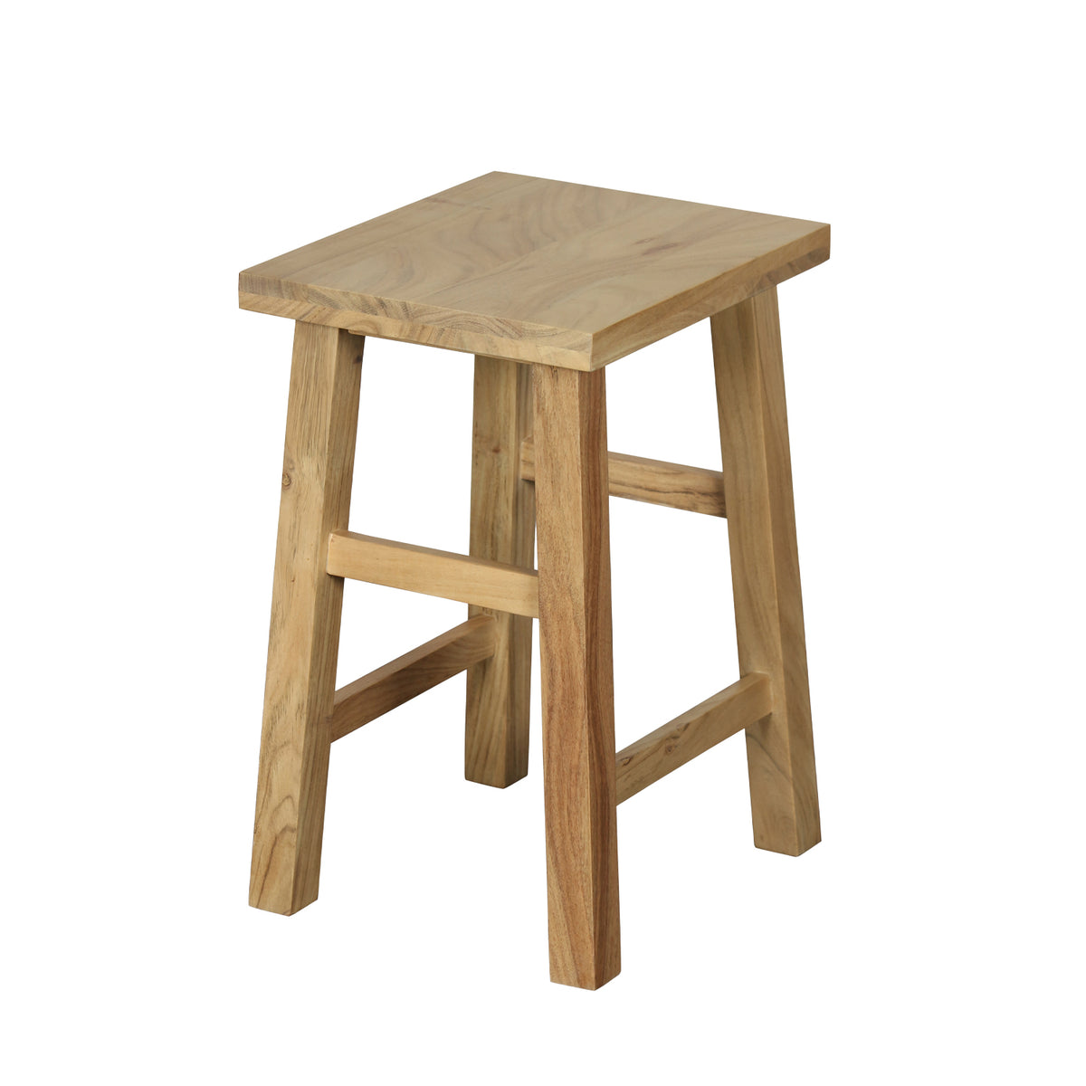 A rustic wooden stool with a square seat and four legs, featuring natural wood grain and simple cross-bracing, shown on a solid white background.